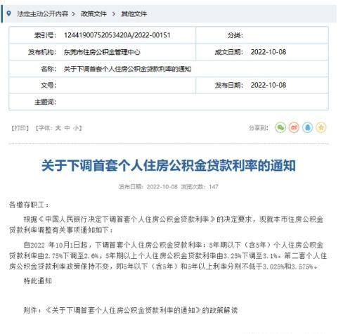 东莞调整首套房公积金贷款利率 5年期以上下调至3.1%